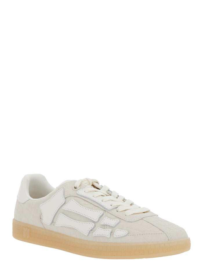 Skel Top Grey Low Sneakers With Logo Patch On The Tongue And Lettering Heel Leather Man Beige Calf