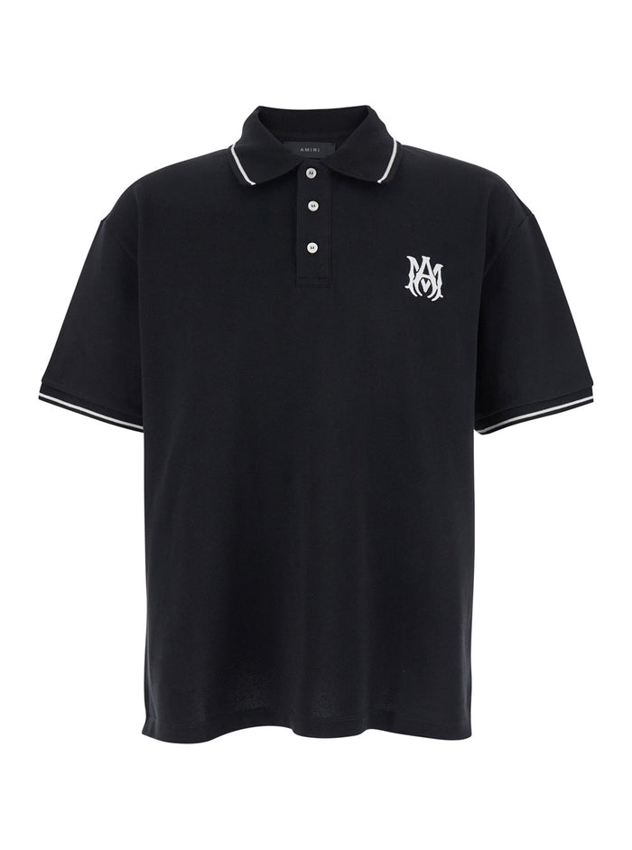 Black Polo Shirt With Classic Collar And Logo Embroidery On The Front Cotton Man Tshirts
