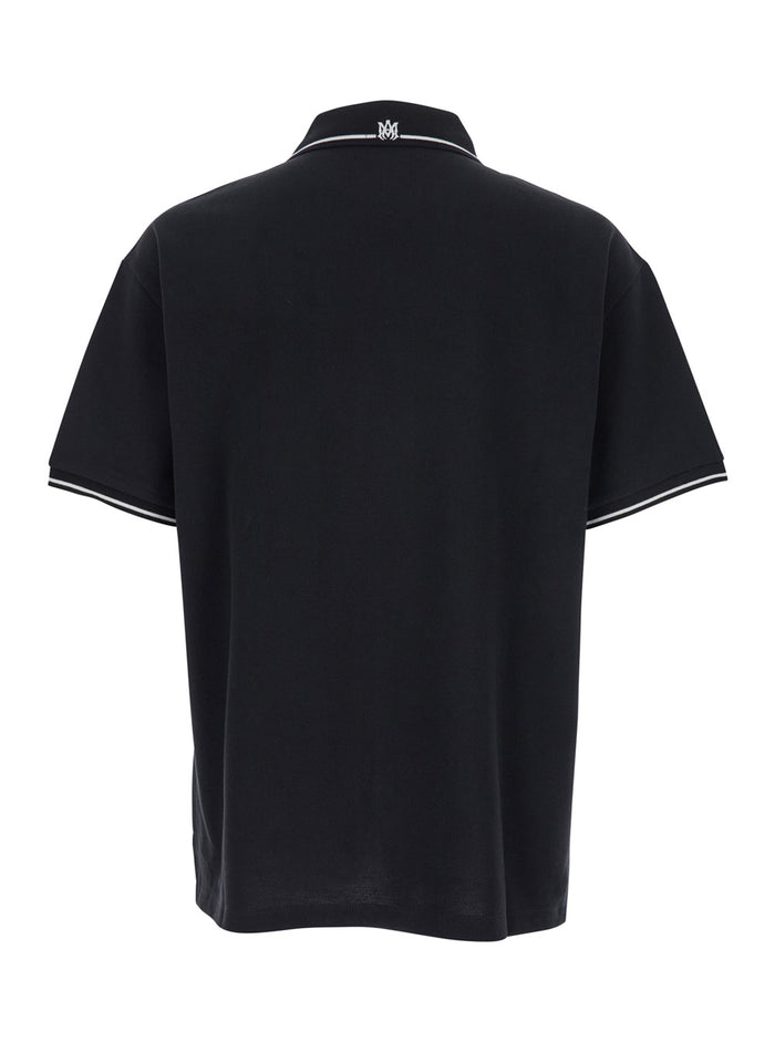 Black Polo Shirt With Classic Collar And Logo Embroidery On The Front Cotton Man Tshirts