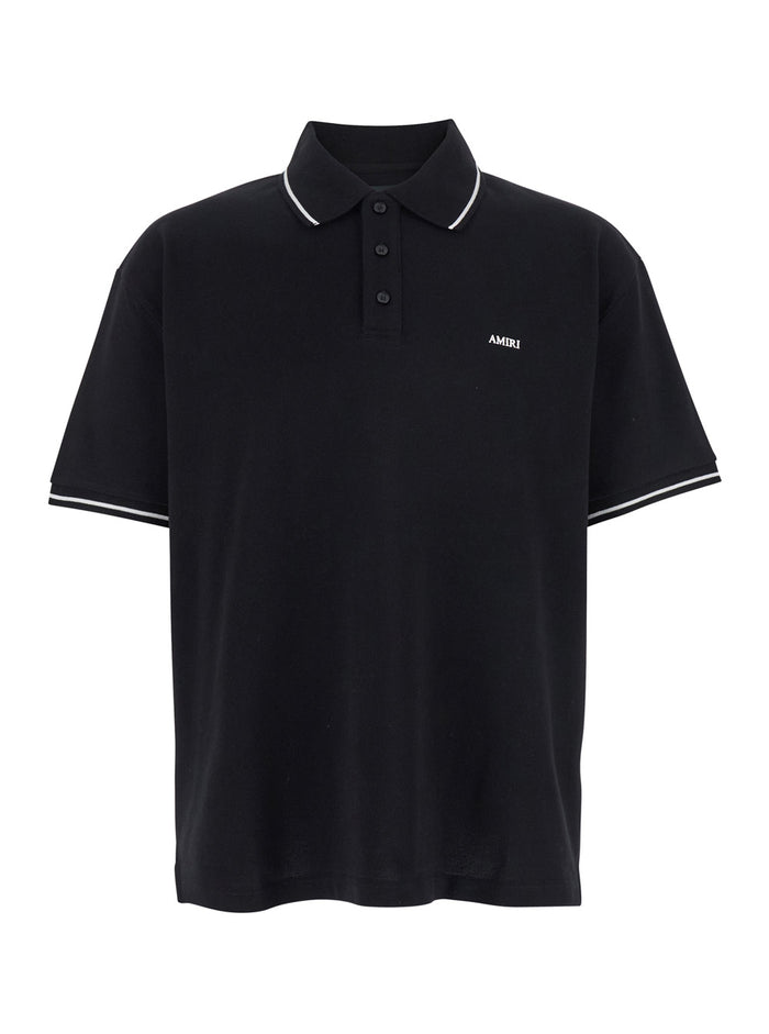 Black Polo Shirt with Classic Collar and Logo Lettering Embroidery on the Front in Cotton Man Tshirts