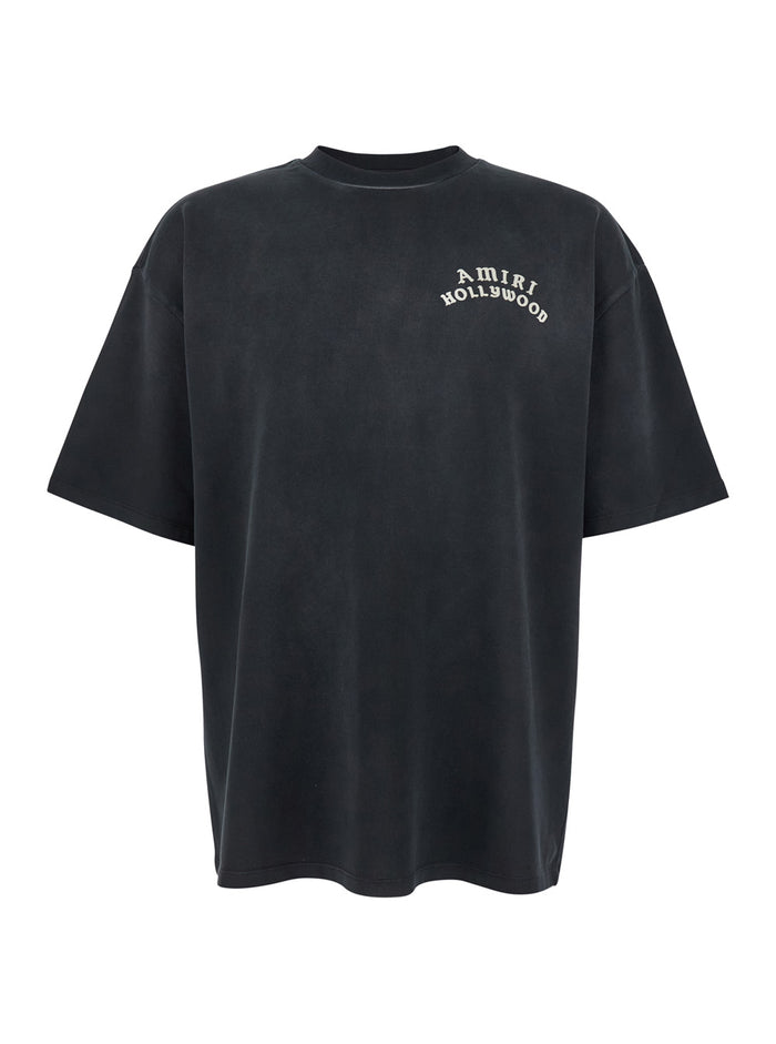 Black Crewneck T-Shirt With Logo Lettering On Front And Rear Cotton Man Tshirts Polo Shirts