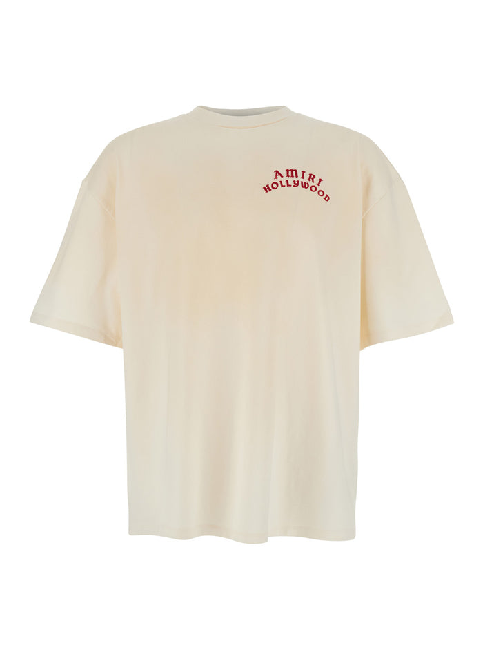 White Crewneck T-Shirt With Logo Lettering On Front And Rear Cotton Man Tshirts Polo Shirts