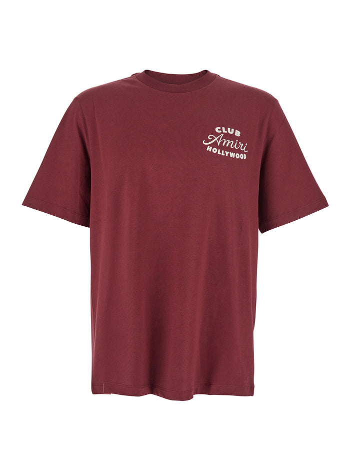 Bordeaux Crewneck T-Shirt with Logo Lettering on the Front and Maxi Print Rear in Cotton Man Tshirts Polo Shirts