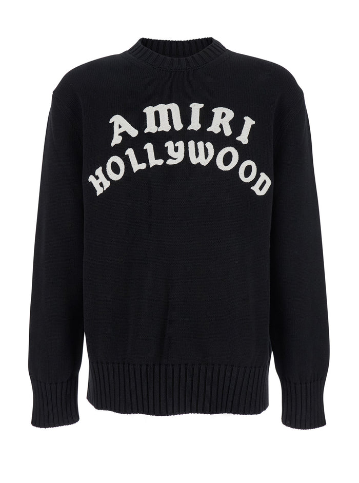 Black Sweater With Maxi Logo Lettering On The Front Cotton Man Jersey