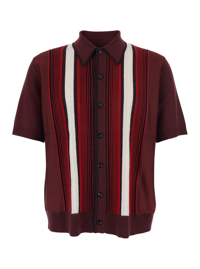 Red Polo Shirt With Classic Collar And Front Striped Embellishment Viscose Man Wool Polyester Tshirts