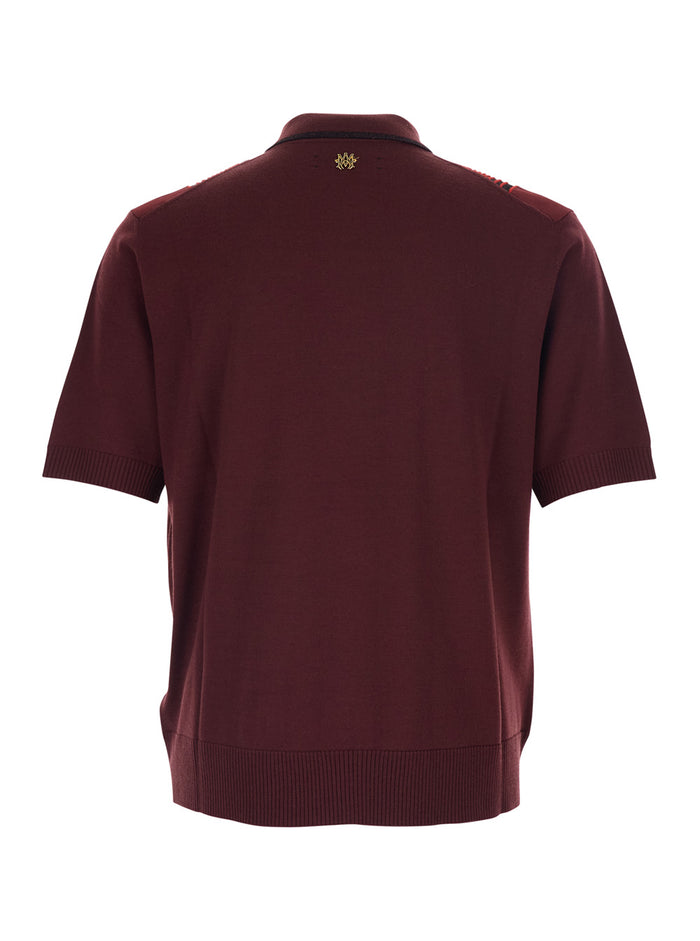 Red Polo Shirt With Classic Collar And Front Striped Embellishment Viscose Man Wool Polyester Tshirts