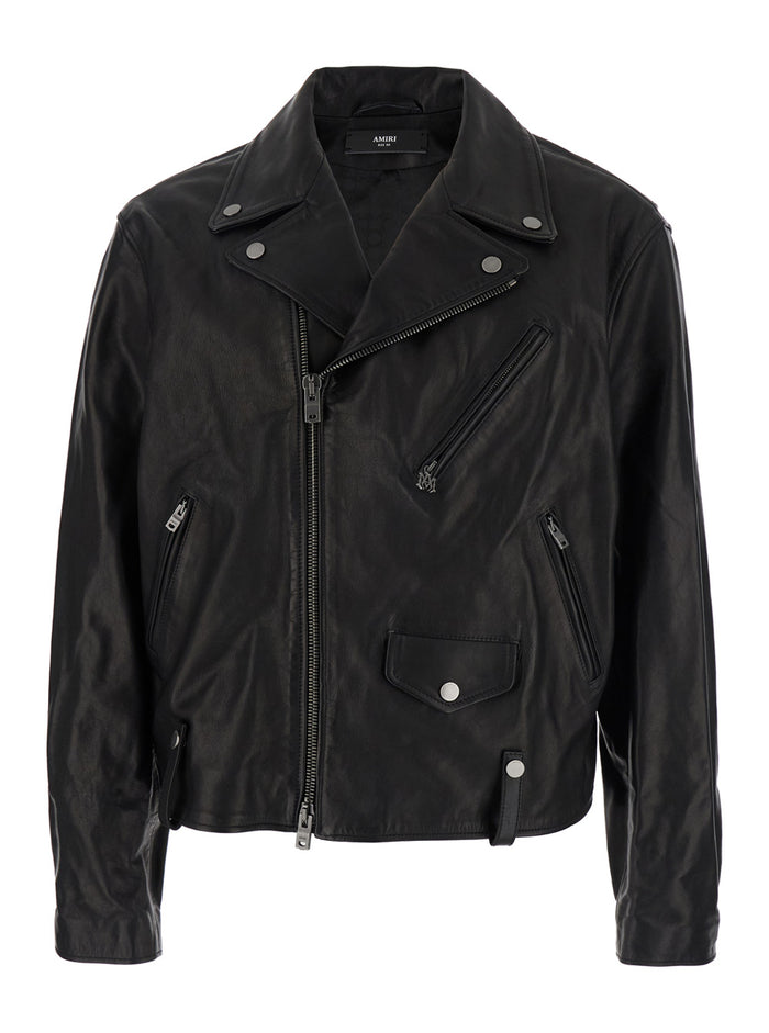 Black Jacket With Wide Notched Revers And Maxi Logo Lettering Print On The Rear Leather Man Bovine