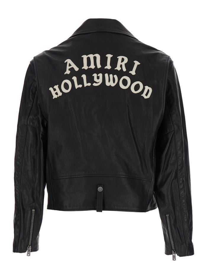 Black Jacket With Wide Notched Revers And Maxi Logo Lettering Print On The Rear Leather Man Bovine