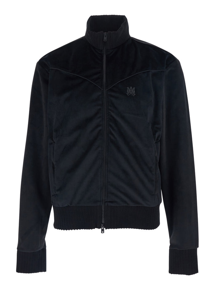 Black Jacket With High Neck And Logo Embroidery On The Front Velvet Man Polyester