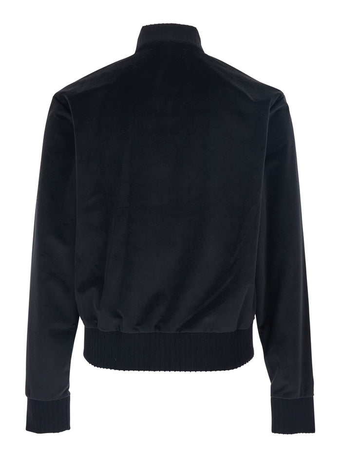 Black Jacket With High Neck And Logo Embroidery On The Front Velvet Man Polyester