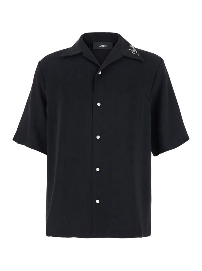 Camp Black Shirt With Spread Collar And Logo Embroidery On The Tech Fabric Man Polyester Blouses