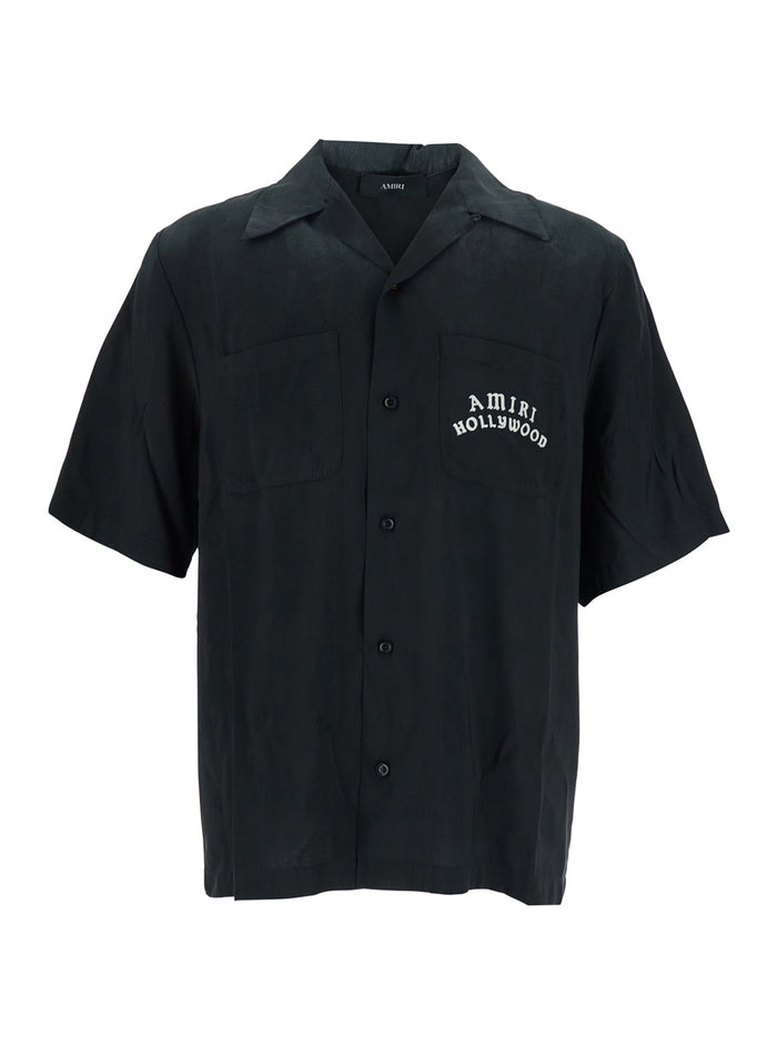Black Shirt with Cuban Collar and Logo Lettering on Front in Modal Man Polyester Blouses