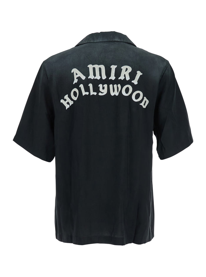 Black Shirt with Cuban Collar and Logo Lettering on Front in Modal Man Polyester Blouses