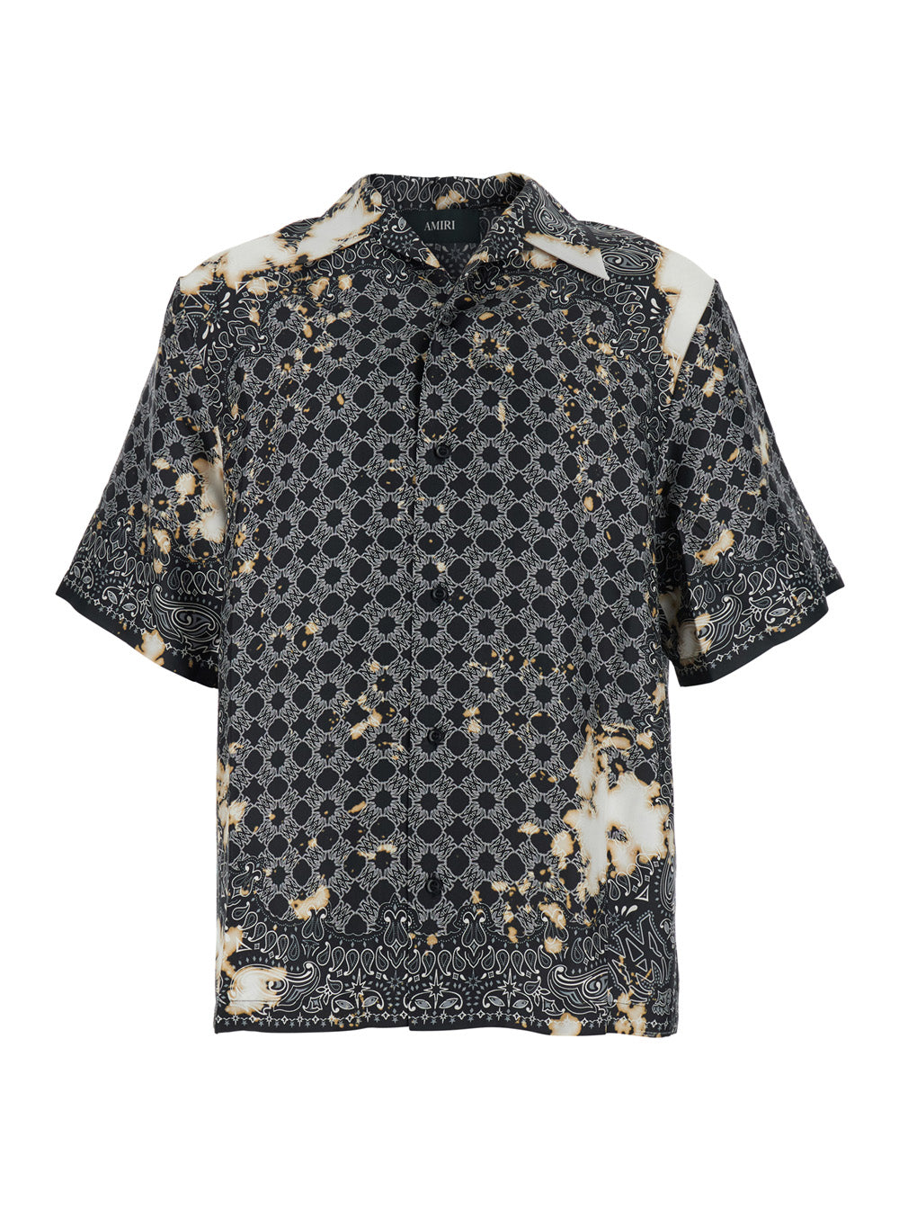 Grey Shirt With All-Over Bandana Print And Cuban Collar Silk Man Blouses