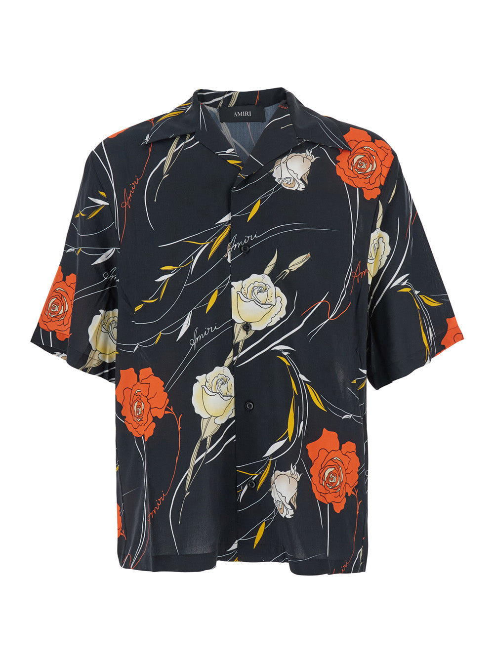 Black Bowling Shirt with Cuban Collar and All-Over Floral Motif in Viscose Man Blouses