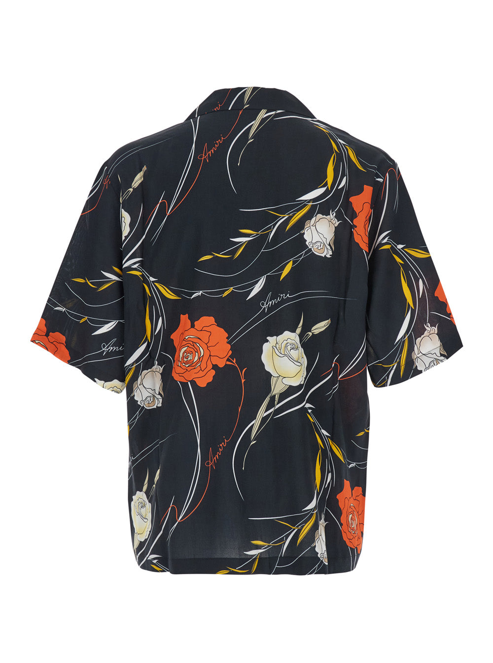 Black Bowling Shirt with Cuban Collar and All-Over Floral Motif in Viscose Man Blouses