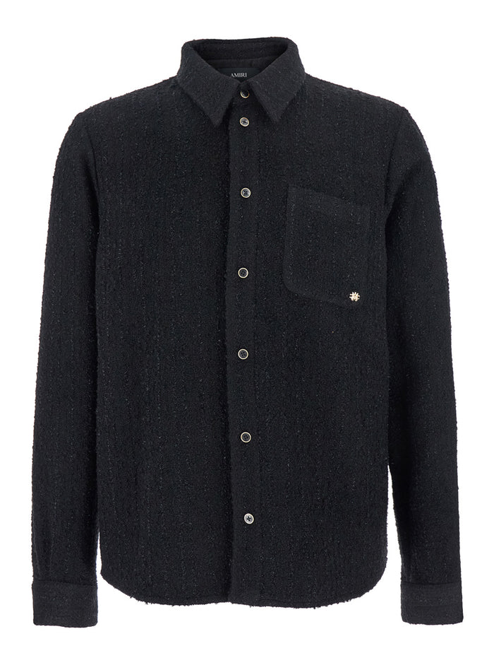 Black Shirt with Classic Collar and Logo Plaque on the Front in Fabric Man Blouses
