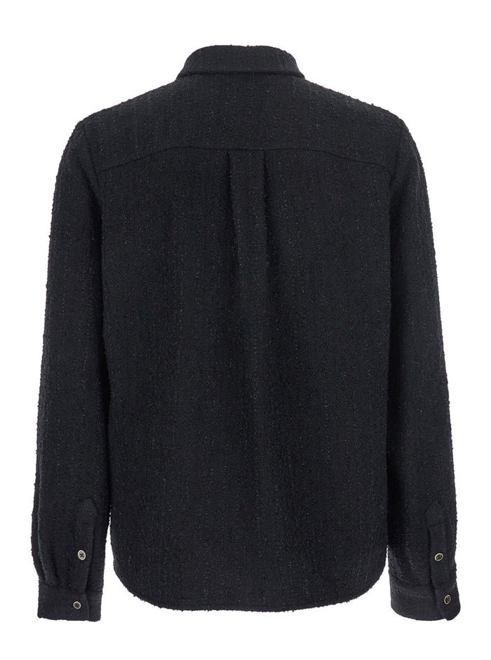 Black Shirt with Classic Collar and Logo Plaque on the Front in Fabric Man Blouses