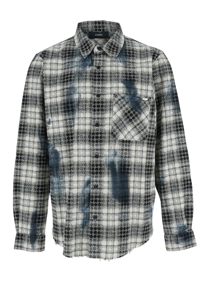 Grey Shirt with Check Pattern and Logo Lettering on the Back in Flannel Man Cotton Blouses