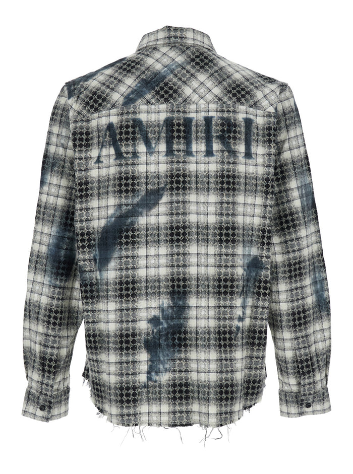 Grey Shirt with Check Pattern and Logo Lettering on the Back in Flannel Man Cotton Blouses