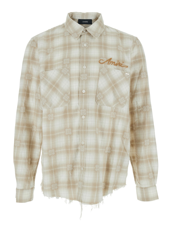 Beige Shirt with Check Pattern and Lettering Logo on Front Backin Flannel Man Cotton Blouses