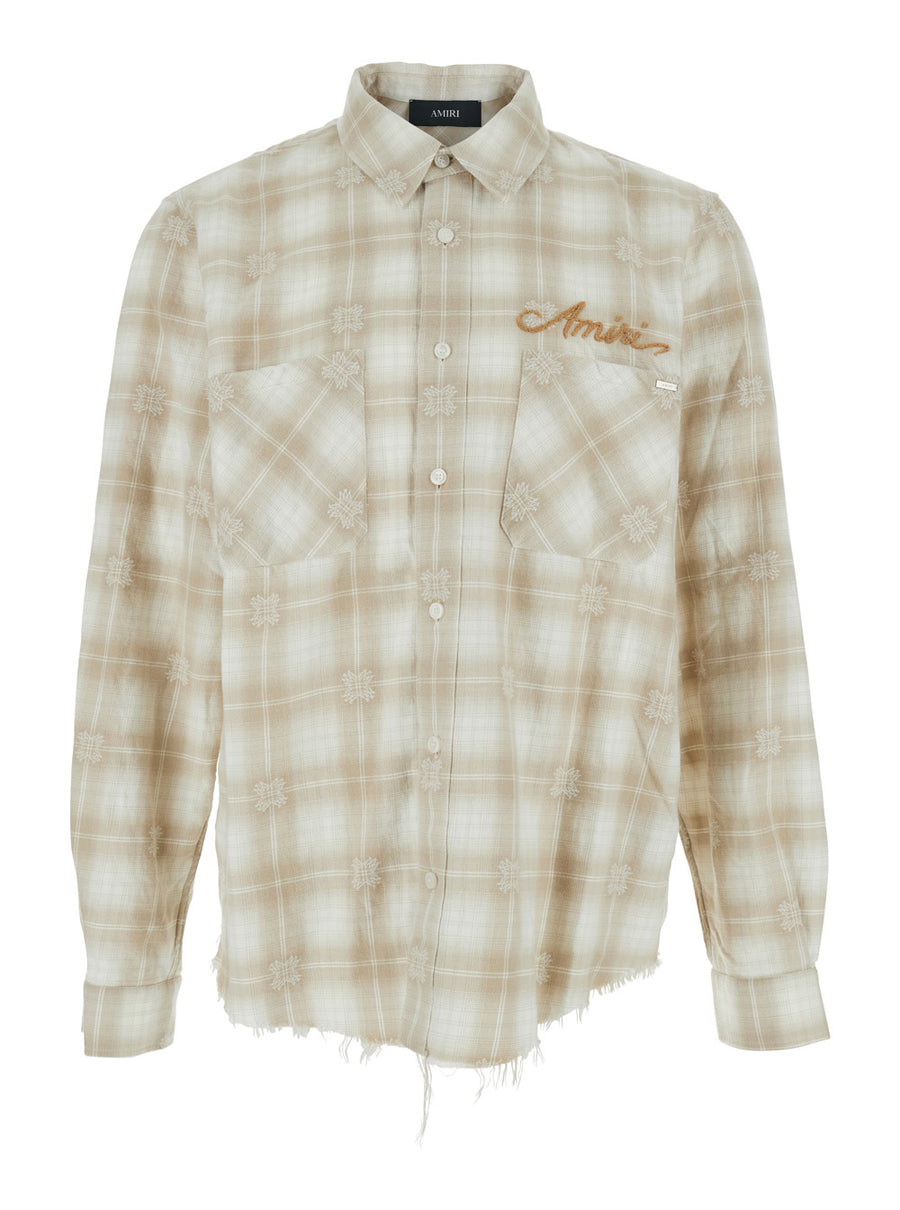 Beige Flannel Shirt With Check Pattern Cotton