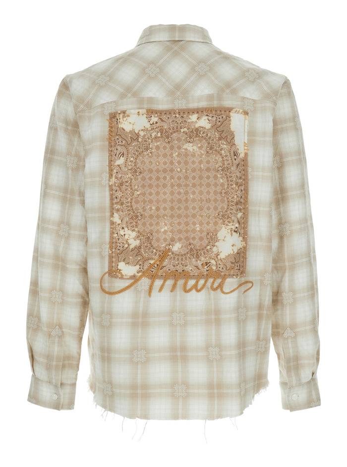 Beige Shirt with Check Pattern and Lettering Logo on Front Backin Flannel Man Cotton Blouses