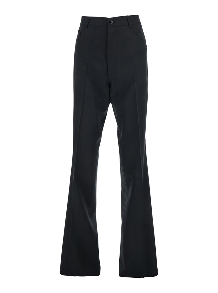 Black Pants With Flared Leg And Logo Plaque On The Pocket Fabric Man Polyester Wool Trousers