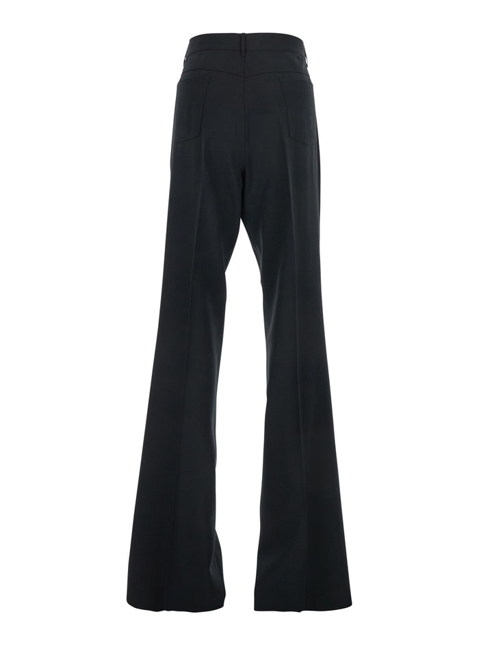 Black Pants With Flared Leg And Logo Plaque On The Pocket Fabric Man Polyester Wool Trousers