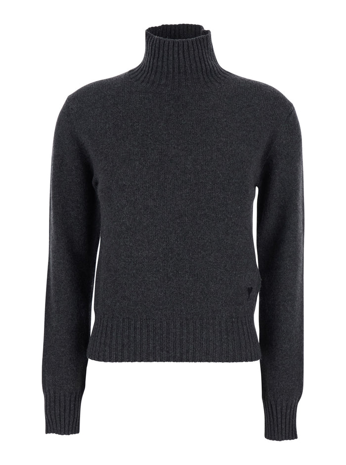 Grey Turtleneck Sweater with Ribbed Trims in Cashmere Woman Jersey