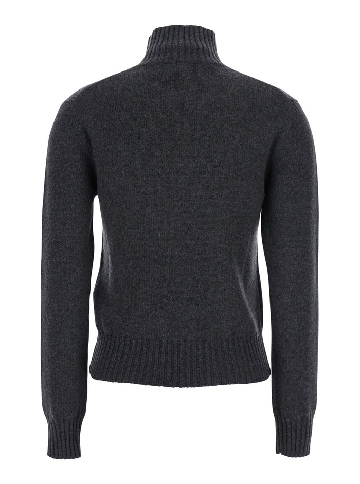 Grey Turtleneck Sweater with Ribbed Trims in Cashmere Woman Jersey