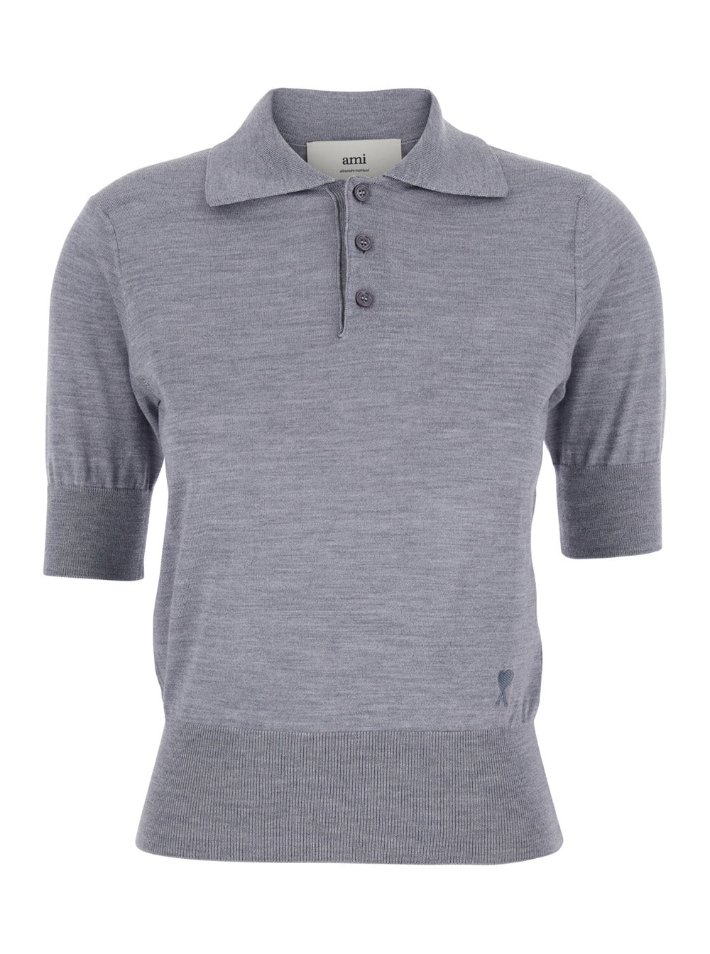 Grey Polo Shirt with Classic Collar and Logo Embroidery on the Front in Wool Silk Woman Tshirts