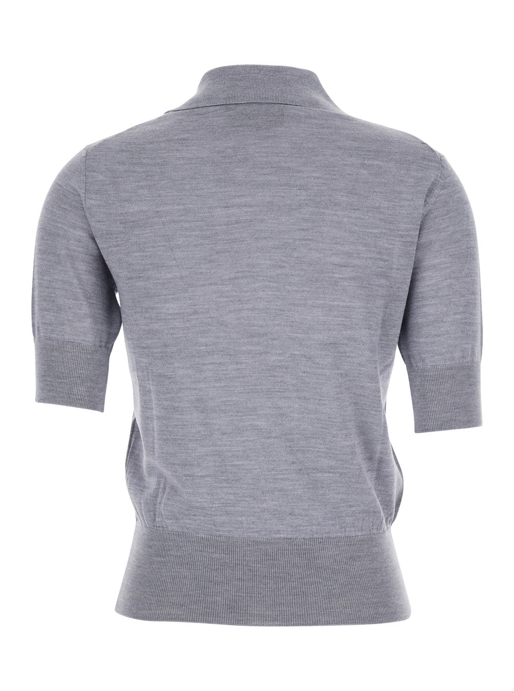Grey Polo Shirt with Classic Collar and Logo Embroidery on the Front in Wool Silk Woman Tshirts