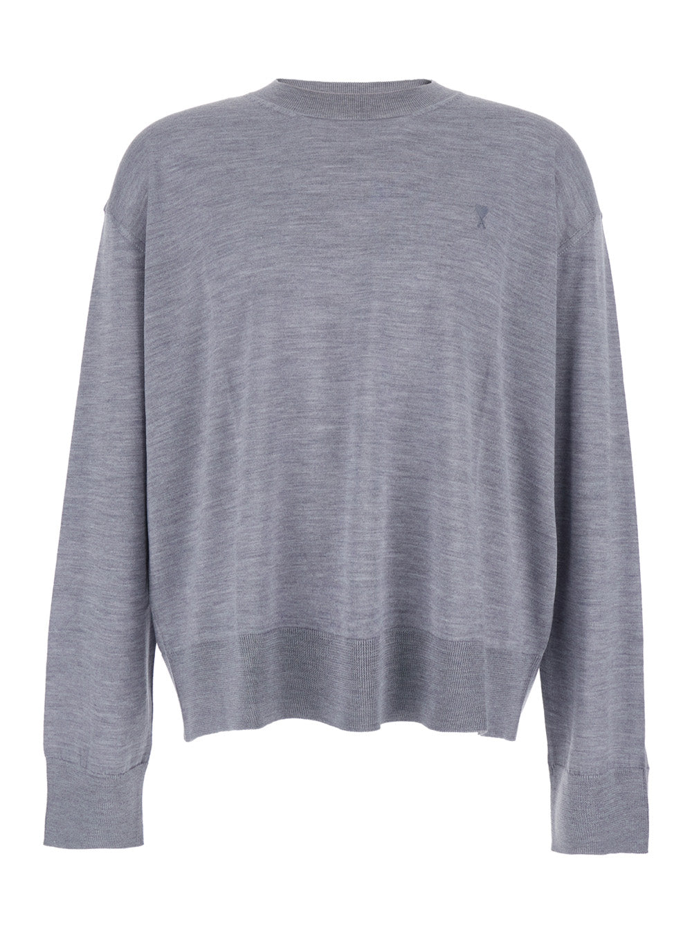 Grey Crew Neck Sweater with Embroidered Logo on the Front in Wool Man Jersey