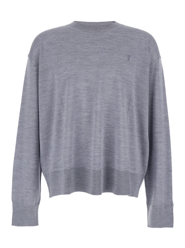 Grey Crew Neck Sweater With Embroidered Logo Wool Tops