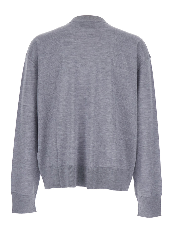 Grey Crew Neck Sweater with Embroidered Logo on the Front in Wool Man Jersey