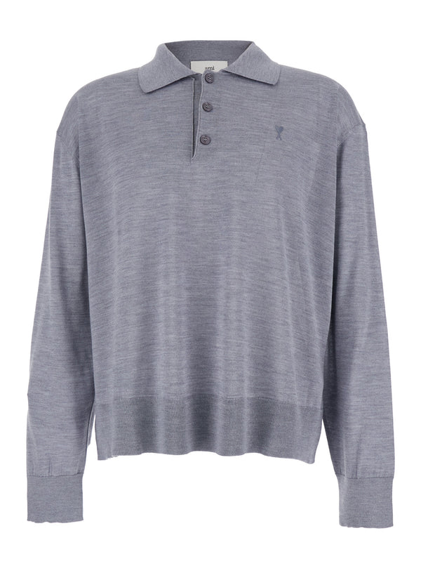 Grey Polo Shirt With Classic Collar Wool T-shirts