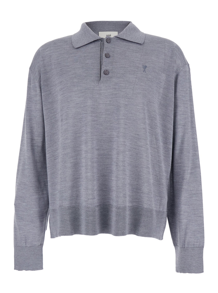 Grey Polo Shirt with Classic Collar and ADC Embroidery on the Front in Wool Silk Blend Man Tshirts