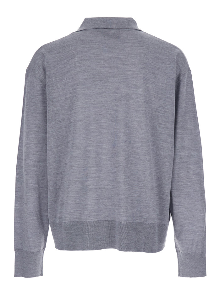 Grey Polo Shirt with Classic Collar and ADC Embroidery on the Front in Wool Silk Blend Man Tshirts