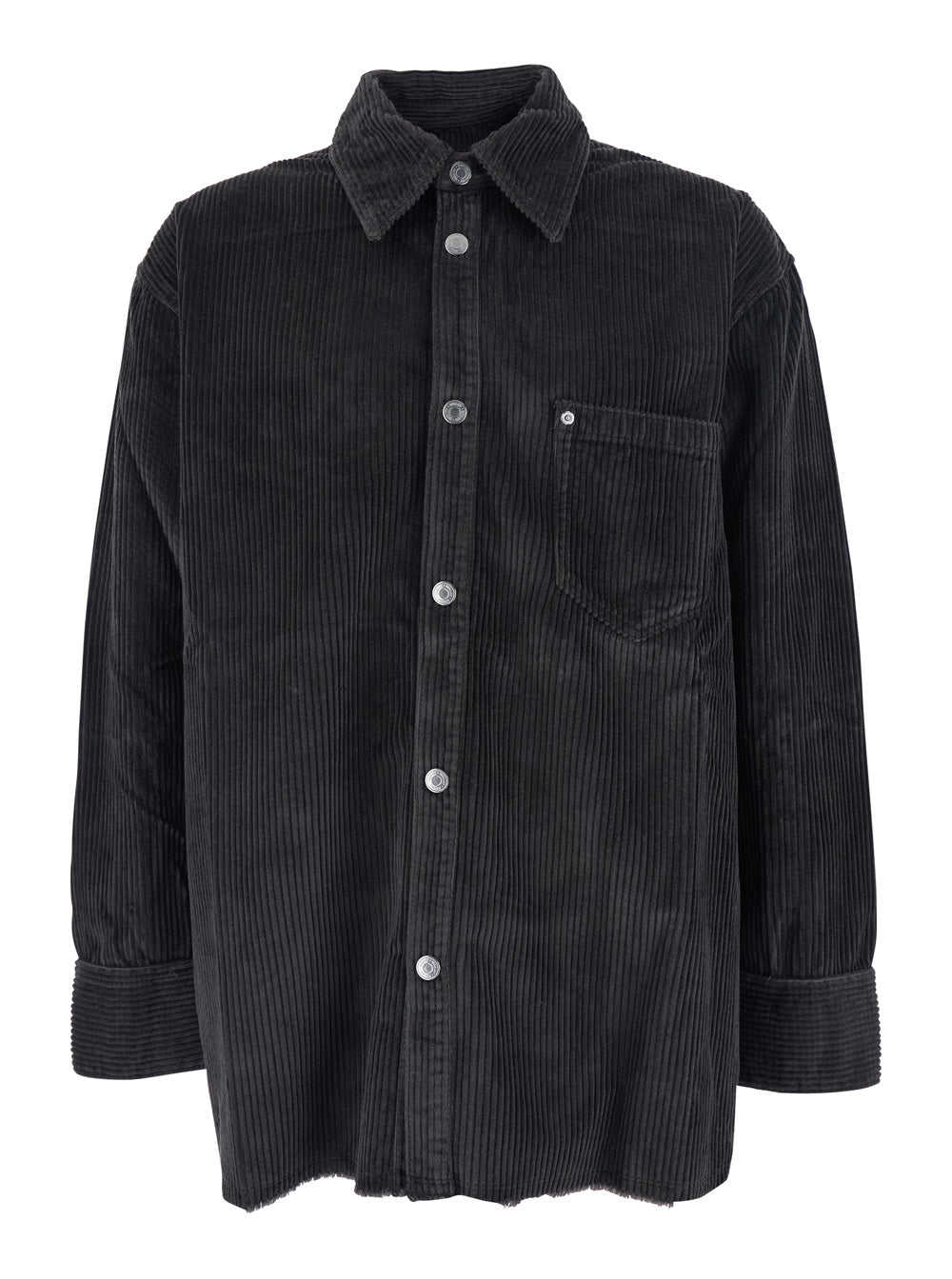 Black Shirt Jacket with Chest Pocket in Corduroy Man Outerwear
