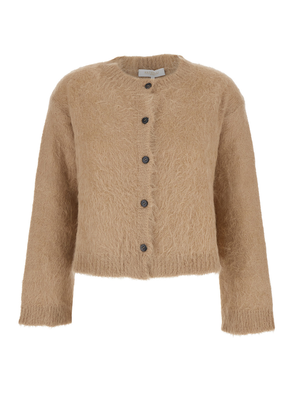 Marzia Beige Crewneck Cardigan With Ribbed Trims Wool Woman Jersey