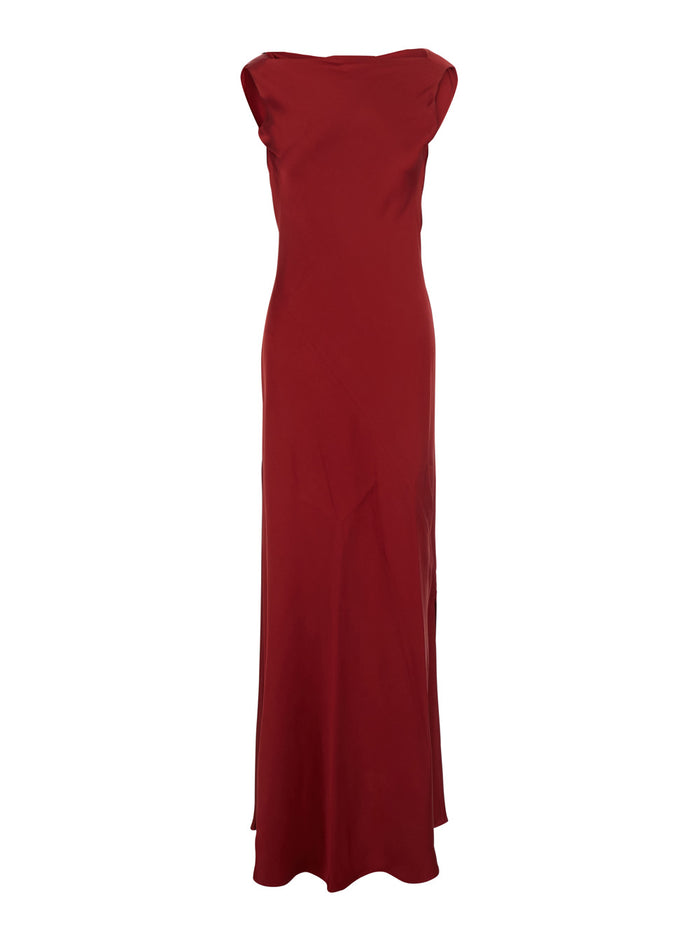 Mara Red Long Dress with Draped Neckline in Acetate Blend Woman Viscose