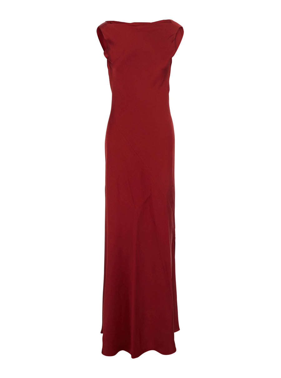 Red Long Dress With Draped Neckline Acetate