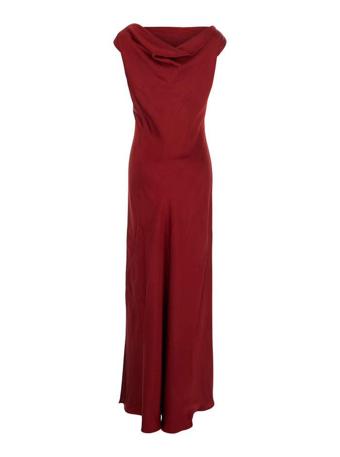 Mara Red Long Dress with Draped Neckline in Acetate Blend Woman Viscose
