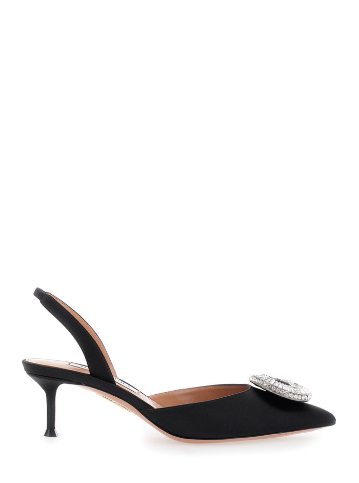 Crystal Hoop Black Slingback Pumps with Rhinestoned Embellishment and Kitten Heel in Tech Fabric Woman Heels