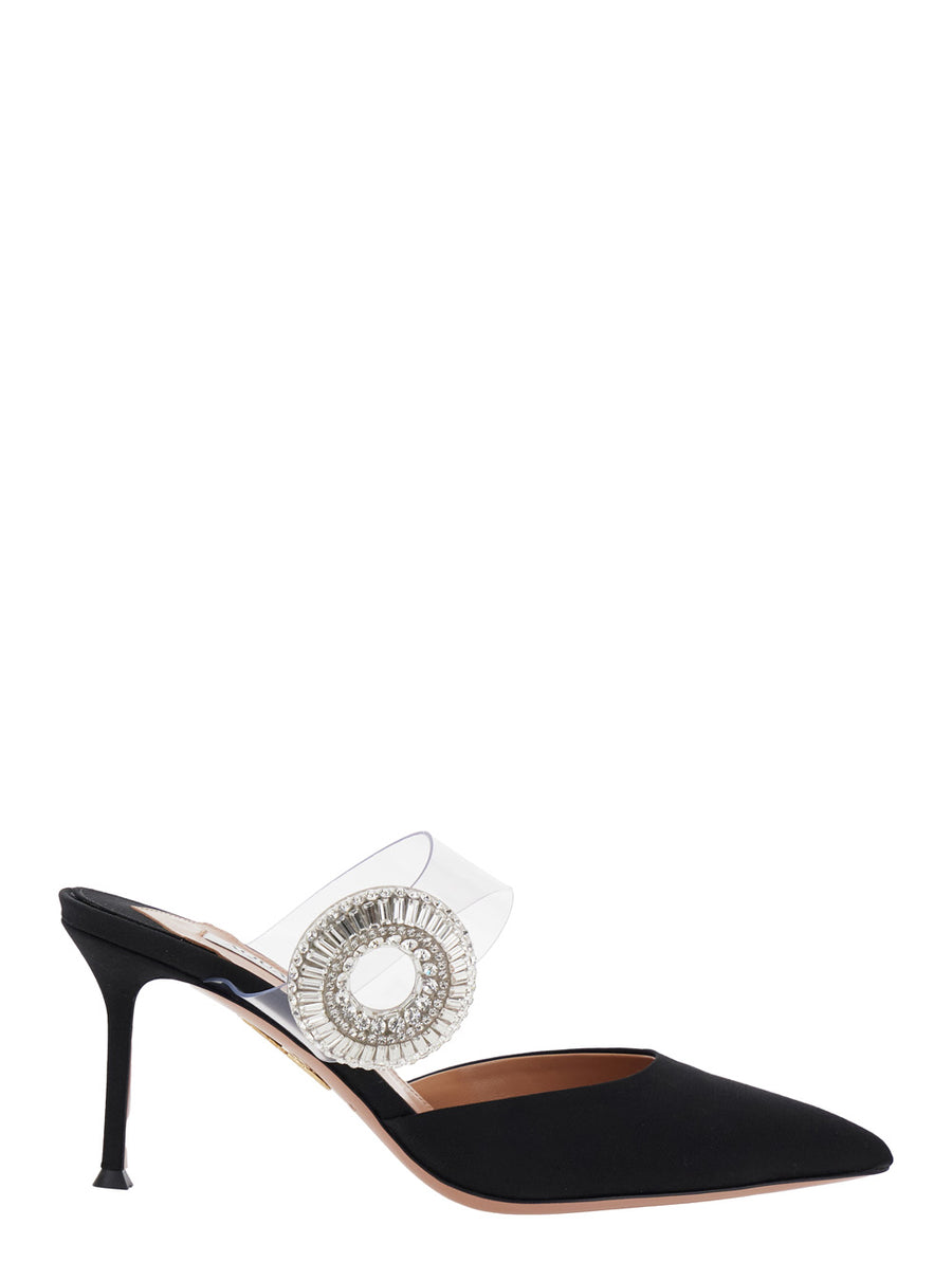 Black Slingback Mules With Crystals Calf