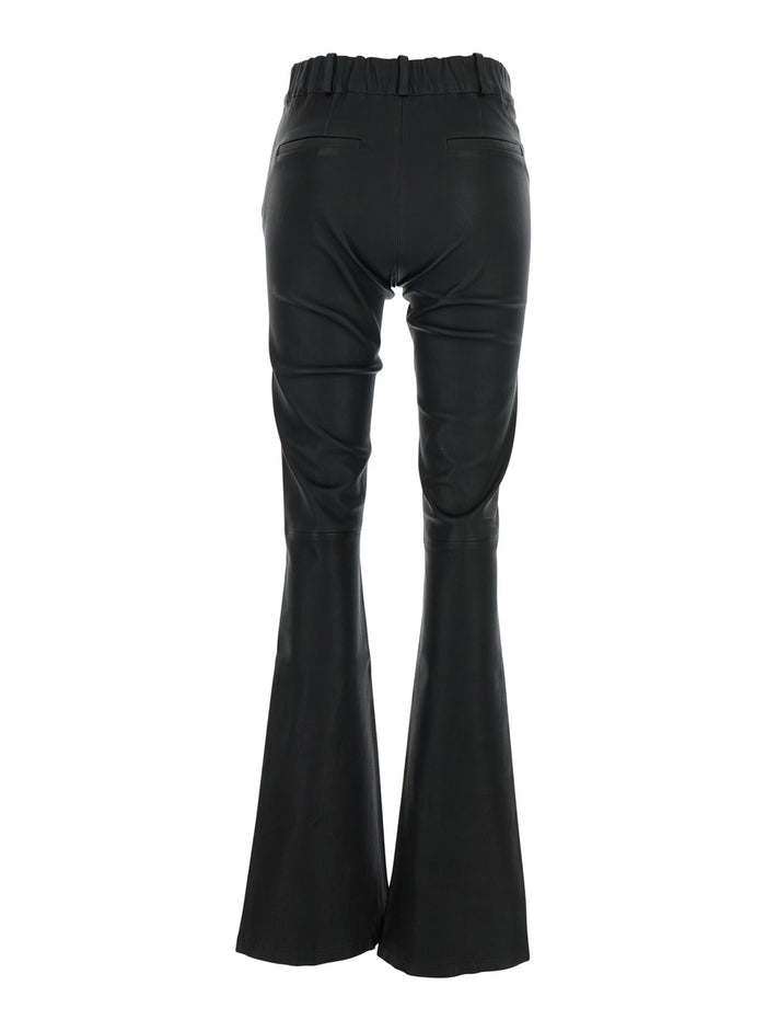 Black Trousers With Belt Loops And Flared Legs Leather Woman Lamb
