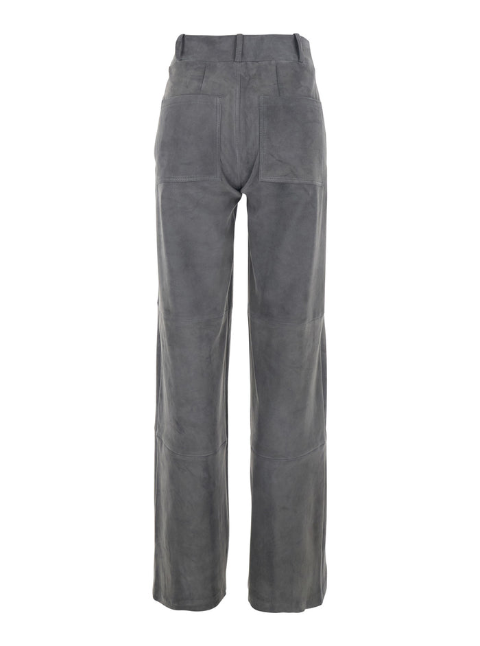 Grey Pants with Belt Loops in Suede Woman Lamb Trousers