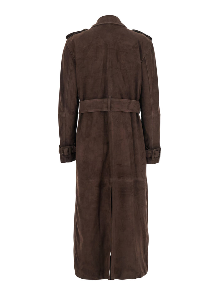 Benedict Brown Double-Breasted Coat With Belt Suede Woman Goat
