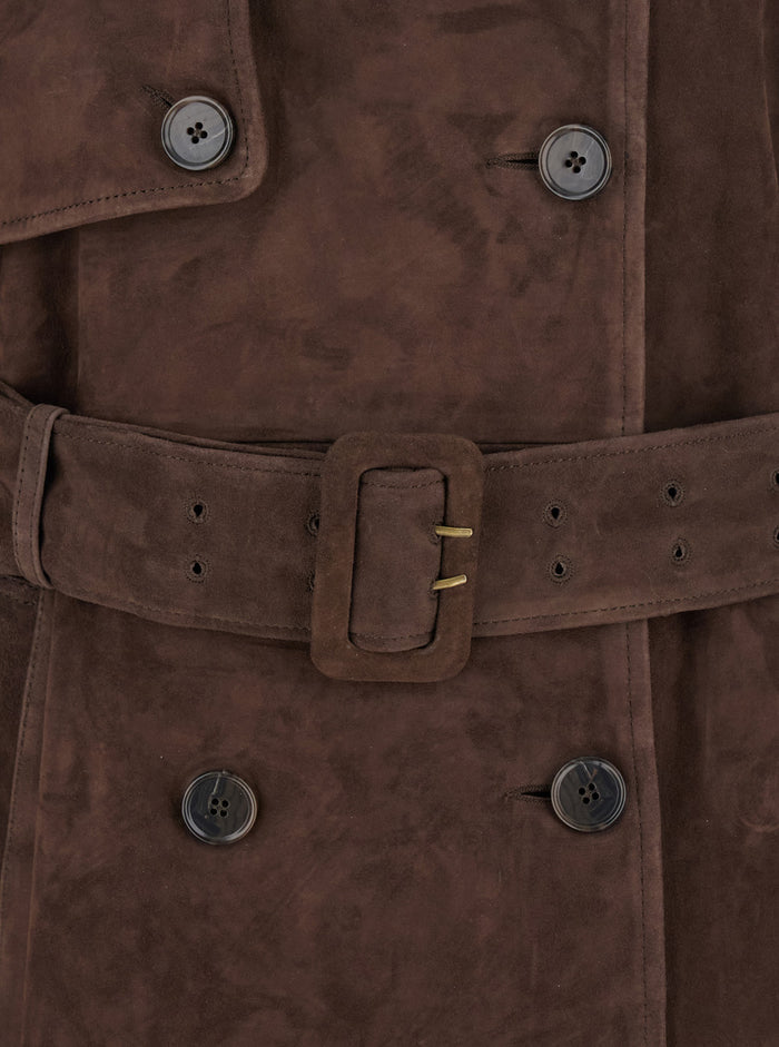 Benedict Brown Double-Breasted Coat With Belt Suede Woman Goat